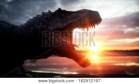 Dinosaur. Prehistoric period, rocky landscape. Wonderfull sunrise 3d rendering