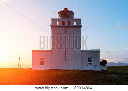 White lighthouse at Cape Dyrholaey, Iceland.