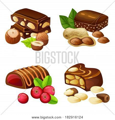Dark and milk chocolate candies set with cranberry hazelnuts peanuts brazil nuts in cartoon style isolated vector illustration