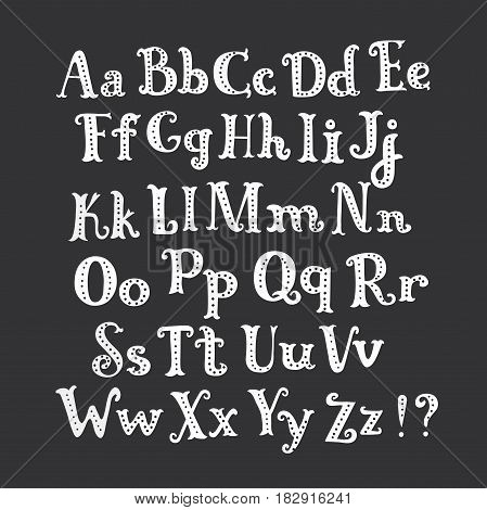 Vector cartoon roman alphabet. White hand drawn letters set on dark background. Funny white abc decorated with dots on black background