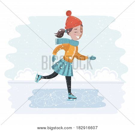 Vector carton funny illustration of cute girl skates in winter landscape. Snowy winter weather