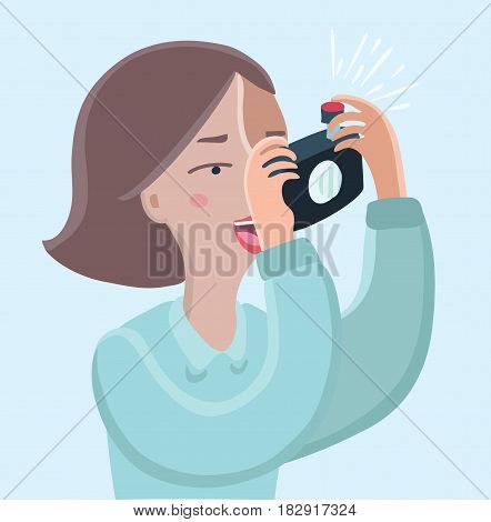 Vector cartoon funny illustration of woman taking a photo with camera. Close up veiw