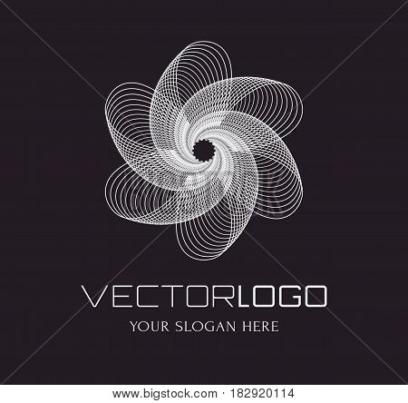 Vector logo template. Abstract white symbol isolated on black background. Intricate flower shape.