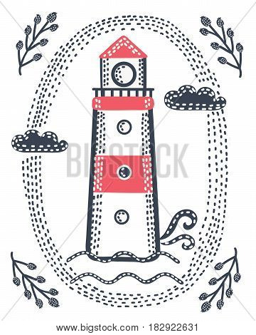 Vector illustration of hand drawn vintage label in black color with a light house and lettering. For apparel t shirt fashion design and or other uses.