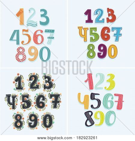 Vector colorful funny of four sets numbers cartoon. Collection of cartoon sighns and floral elements