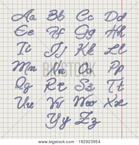 Ballpoin drawing rope alphabet on notebook page. Vector illustration