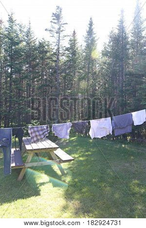campsite clothes line, laundry on a sunny day