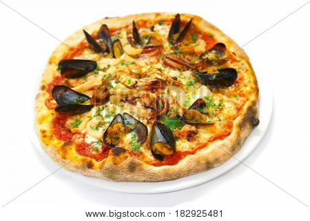 Pizza Seafood Italian food pizza,ham mushrooms isolated