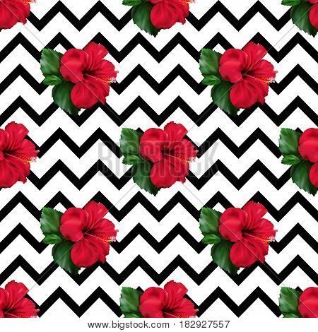 Red hibiscus karkade tropical exotic flower plant geometric seamless pattern background