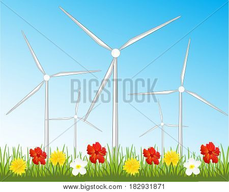 Year glade with flower and wind generators for reception of the energy
