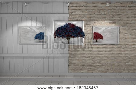 Brick Wall Half Wood Wall with 3D Cherry Trees