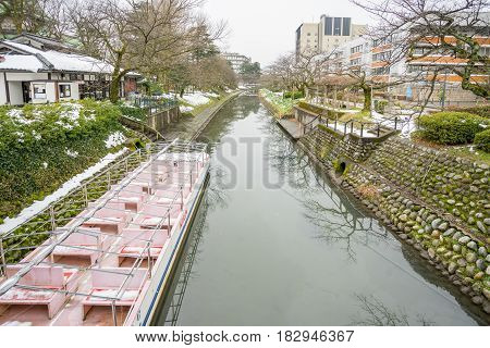 TOYAMA JAPAN - FEB 13, 2017: A tourism boat in the canal in Toyama city, Japan