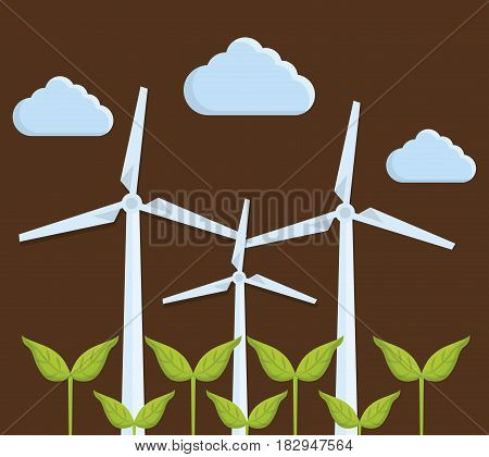 green plants and eolic turbines icon over brown background. colorful design. vector illustration