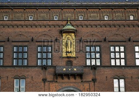 COPENHAGEN, DENMARK - JUNE 29, 2016: It is a gilded sculpture of Bishop Absalon on the City Hall building which was the founder of the city.