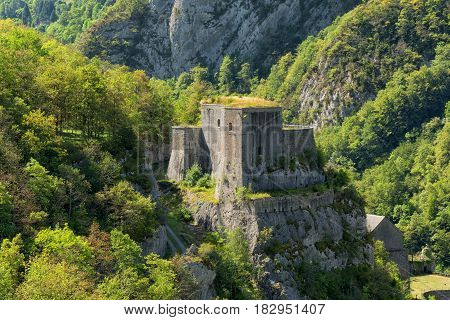 view of the mountain with Fort du Portalet on the french pyrenees