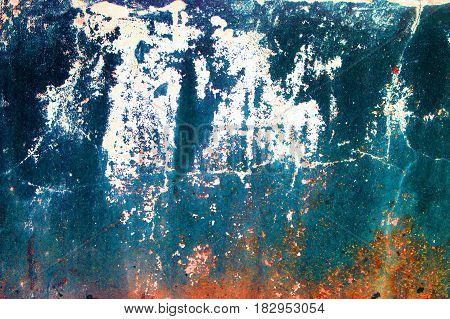 Fragment of old grungy texture with chipped paint and cracks or orange red blue concrete wall and cement surface