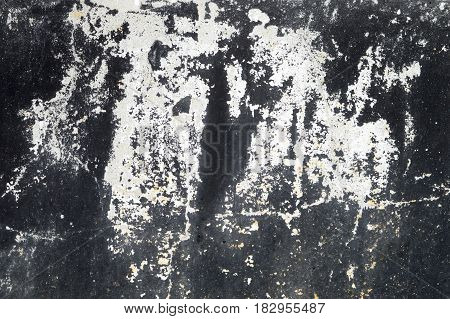 Aged White Peeled Plaster Wall With Cracked Structure Frame Blank Grunge Background Texture. Old Concrete Wall With Damaged Stucco Layer Square Background Texture. Black Gray Cement Textured Surface