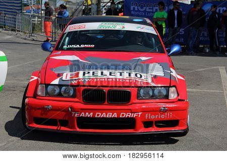 Chiavari Italy - April 22 2017 - 2nd T.A.M. (Tigullio Auto e Moto) National Motor Show: Drifting car show in the fairground area.