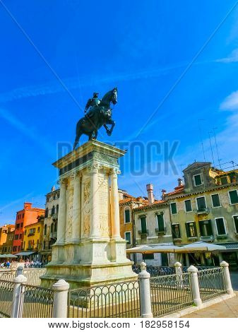 The Renaissance Statue of Bartolomeo Colleoni is one of the most beautiful equestrian statues in the world at Venice, Italy