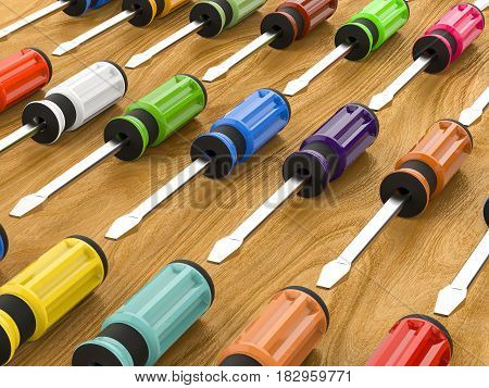 3d rendering colorful screw drivers on wood background