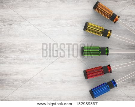 3d rendering colorful screw drivers top view