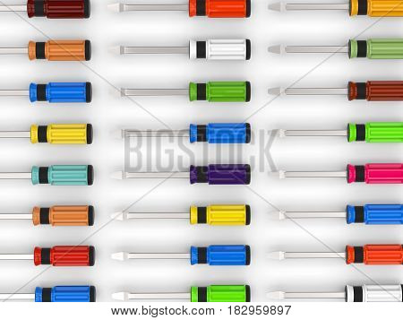 3d rendering colourful screw drivers top view