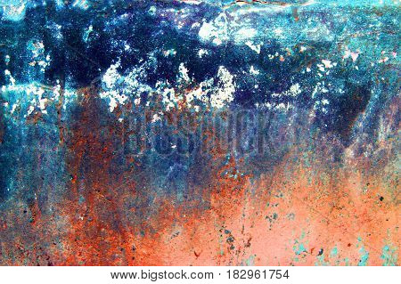 Fragment of old grungy texture with chipped paint and cracks or orange red blue concrete wall and cement surface