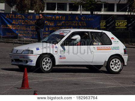 Chiavari Italy - April 22 2017 - 2nd T.A.M. (Tigullio Auto and Motorcycle) National Motor Show: Rally car show (here a Peugeot 106) in the circuit circuit of the fair.