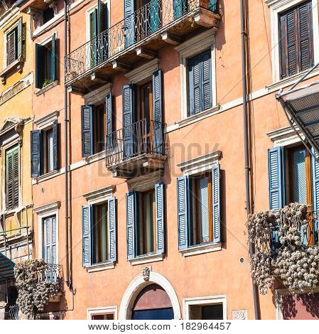 Facade Of Old Apartment Houses In Verona City