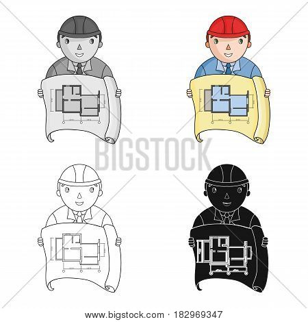 Architect with technical drawing icon in cartoon design isolated on white background. Architect symbol stock vector illustration.