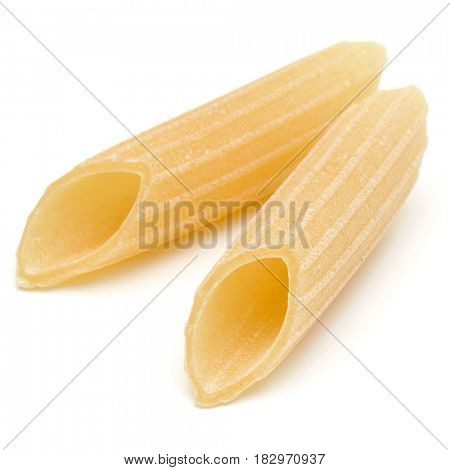 Italian pasta isolated on white background. Pennoni. Penne rigate.