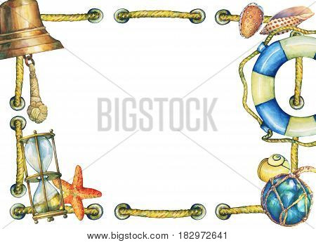 Square frame with shall and nautical objects. Hand drawn watercolor painting on white background.