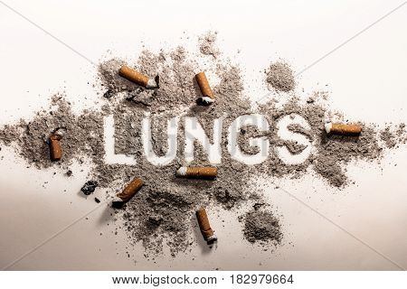 Lung word in cigarette ash and bud as disease illness sickness addiction bad health care medicine danger concept image