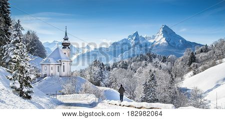 Church Of Maria Gern With Watzmann In Winter, Berchtesgadener Land, Bavaria, Germany