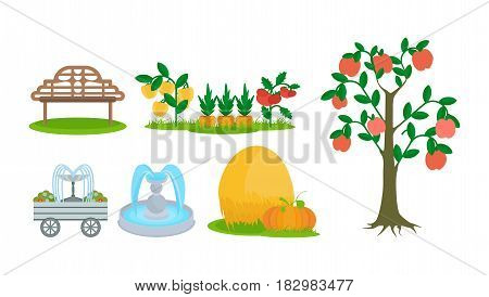 Elements of a farm plot, a bench for rest, fruit trees and beds, fountains. Modern vector illustration isolated on white background.