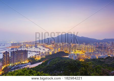 Hong Kong Tuen Mun downtown at sunset