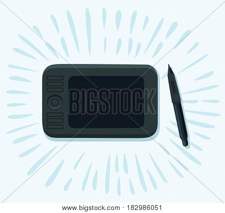 Vector funny cartoon illustration of graphics tablet and pen. Top view