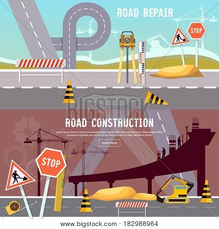 Road construction and road repair banner. Repair is expensive in the city. Road works construction and repair elements vector