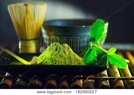 Matcha. Organic Green Matcha Tea ceremony. Matcha powder. Cooking with matcha, recipe. Vegetarian food.