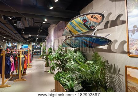 HONG KONG - CIRCA NOVEMBER, 2016: inside Quiksilver store in Hong Kong. Quiksilver, Inc. is an American retail sporting company