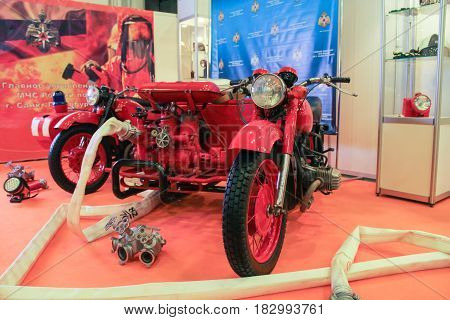St. Petersburg Russia - 15 April, Fire truck with water pump,15 April, 2017.
International Motor Show IMIS-2017 in Expoforurum.
Motorcycles and motoconcepts presented at St. Petersburg Motor Show.