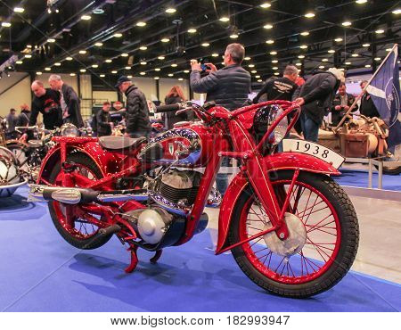 St. Petersburg Russia - 15 April, Retro motorcycle in red,15 April, 2017.
International Motor Show IMIS-2017 in Expoforurum.
Motorcycles and motoconcepts presented at St. Petersburg Motor Show.