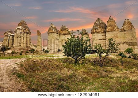 Mountain landscape panoramic view. Cappadocia, Turkey. Goreme national park.