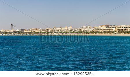 Egypt. Hurghada. Landscape From The Sea Vidneetsya Horizon Line With The Hotel.
