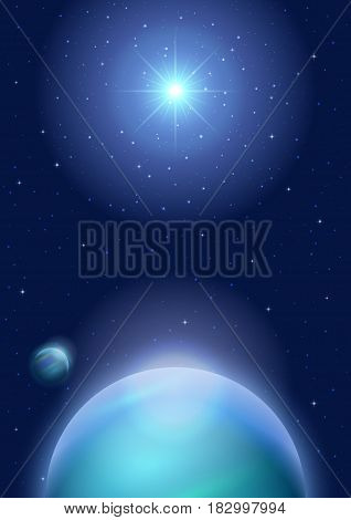Fantastic Space Background with Unexplored Blue Planet, Satellite, Sun and Stars. Eps10, Contains Transparencies. Vector