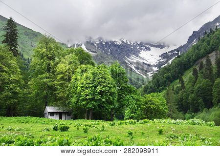 Beautiful Summer Landscape. Small White House In A Mountains. Avadhara, Republic Of Abkhazia.