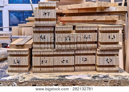 Wood Door Manufacturing Process. Door Frame Elements. Furniture Manufacture.
