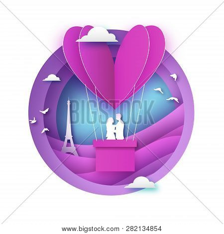 White Silhouette Of Romantic Lovers With Eiffel Tower In Paris. Pink Paper Hotair - Heart In Paper C