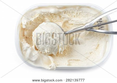 Vanilla Ice Cream With A Scoop In  Container Isolated On White Background. Scooped Out Ice-cream,  T