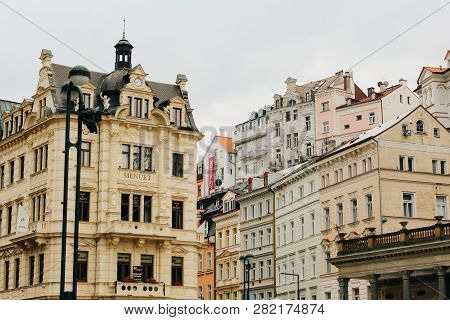 Karlovy Vary - 04 01 2013: View Of The Streets Of Karlsbad, Czech Republic. Building And Landmarks